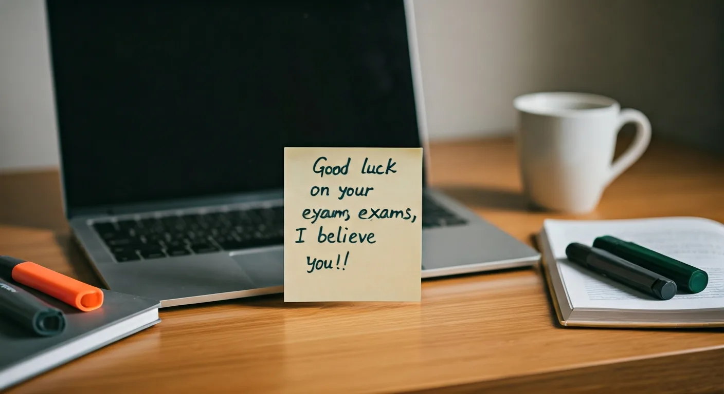 Handwritten motivational good luck note for a student studying for exams on a laptop